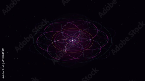 Glowing sacred geometry pattern with intersecting lines rotating in space