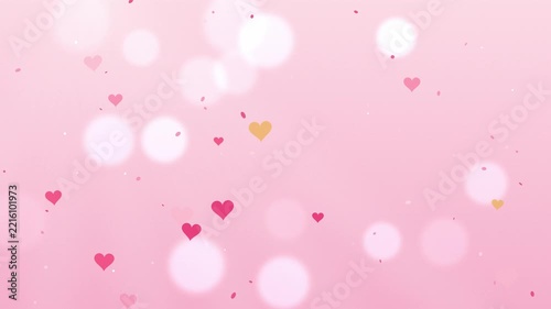 Valentine hearts falling on pink bokeh background with sparkling confetti particles in cinematic motion loop