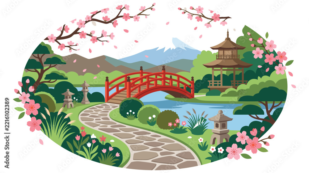 Fototapeta premium Japanese garden landscape with red bridge and cherry blossoms.