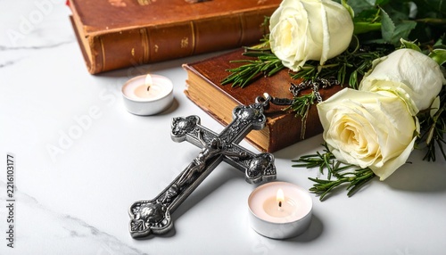Silver crucifix with white roses, lit candles and old books on marble