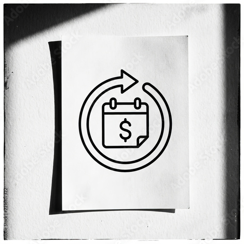 Minimalist Black and White Icon of a Calendar with Dollar Sign and Rotating Arrow on Paper Representing Recurring Payments and Financial Planning.