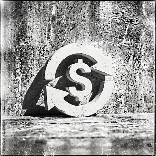 Vintage black and white dollar sign symbol with recycling arrows on a gritty concrete background representing circular economy
