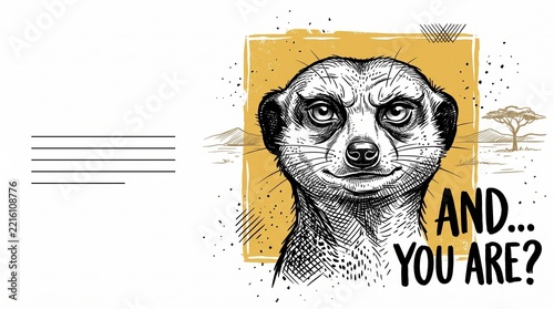 Vintage Hand Drawn Meerkat Illustration, Funny Suricate Portrait Card Design, Wild Animal Banner with Copy Space