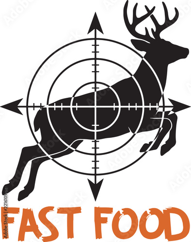 Humorous hunting design deer silhouette in a scope target with fast food t shirt design isolated on white background