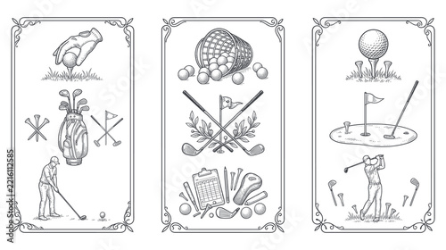 Golf sport hand drawn vintage sketch cards with elegant frames.