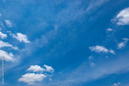 Fluffy white clouds drift across a clear blue sky.