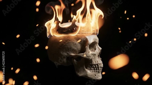 Skull with a burning crown and flying sparks.
