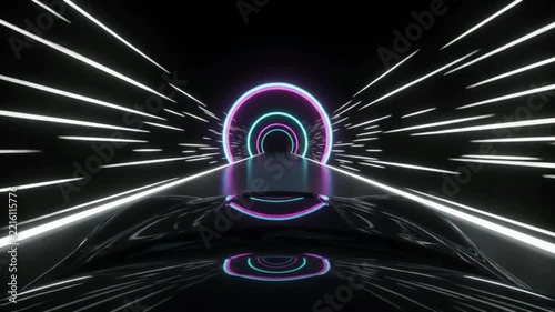 Abstract neon light tunnel with glowing rings and speed lines.