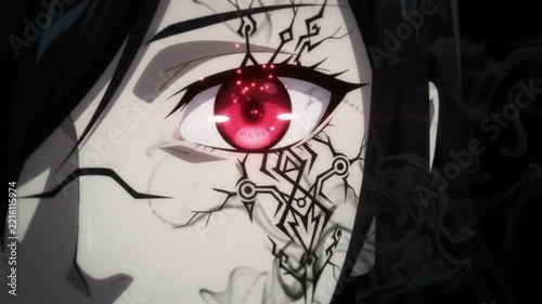 Anime character with glowing red eye and intricate facial markings.