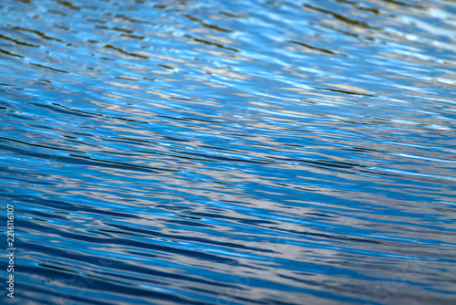 Sunlight glimmers across rippling blue water waves.