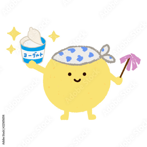 ヨーグルトを持つ手描きのかわいい善玉菌　腸内細菌