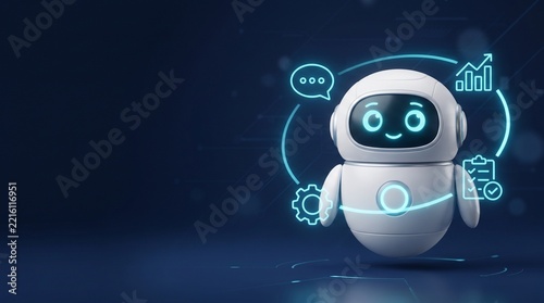 Cute white spherical AI robot assistant with glowing cyan eyes surrounded by orbiting neon icons for chat, analytics growth, settings and checklist on dark blue background with copy space