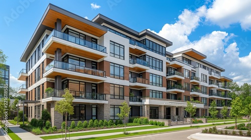 Wide-angle exterior view of a modern multifamily residential building with balconies, large windows, landscaped entrance, clean sidewalks, and blue sky in a polished architectural real estate style