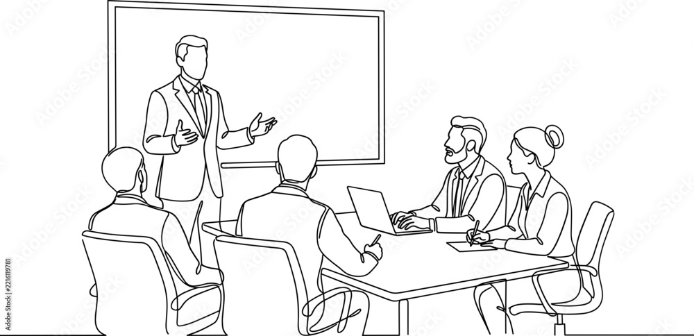 Fototapeta premium A line art illustration of a business presentation in a meeting room.