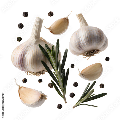 Garlic cloves peppercorn herbs isolated design element