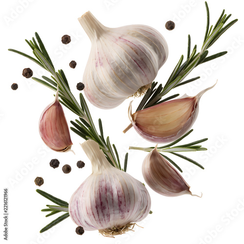 Whole garlic rosemary sprigs isolated cutout PNG
