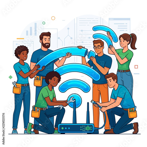 Diverse Team Assembling Wi-Fi Network, Internet Connection Setup, Technology Concept