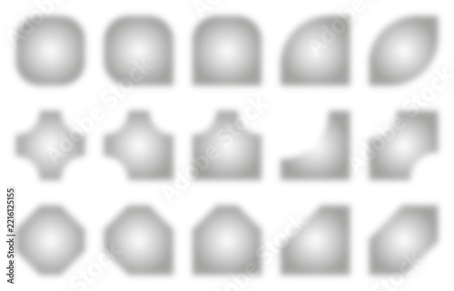Gradient gray geometric shapes with rounded and cut corners on white background.