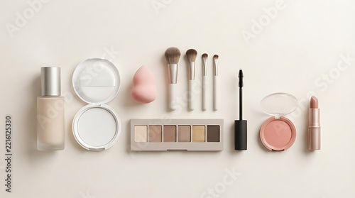 A flat lay collection of cosmetic tools and products for helpful beginner makeup tips on a neutral background top view