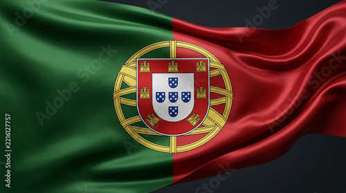 Silky waving flag of Portugal on dramatic dark neutral background with smooth folds