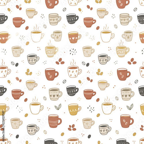 Seamless coffee pattern displays warm brown and cream ceramic mugs with steaming hot beverages on transparent background.