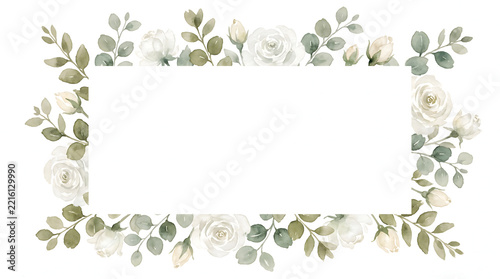 Watercolor botanical frame showcases delicate green leaves and soft white roses with smooth paper texture.