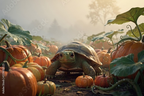 Charming Tortoise Exploring Pumpkin Patch in Misty Morning Light, Dew-Kissed Leaves and Vines, Soft Autumnal Hues, Capturing Tranquility and Nature's Bounty
