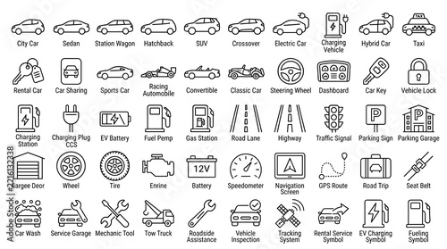Fotografie 50 Modern Automobile Line Icons Featuring Electric Cars Taxi Racing Road Travel