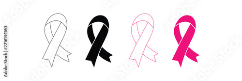 Breast Cancer Awareness Pink Ribbon Line Art and Solid Vector Icon Set