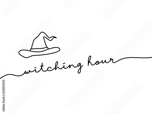 Minimalist line art of witch hat with 'witching hour' text