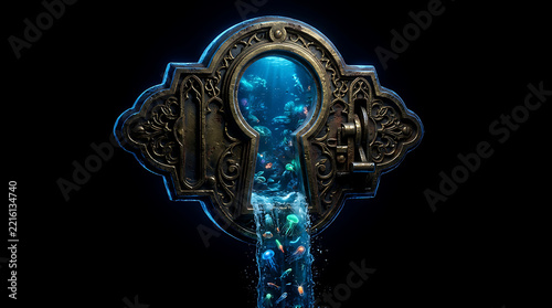 Ornate vintage keyhole revealing a magical underwater ocean realm, surreal fantasy aquatic world overflowing with glowing sea creatures and water spilling out onto a dark background