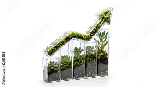Green business growth concept with glass bar chart terrarium planter filled with vibrant green succulent plants and rich dark soil on white background
