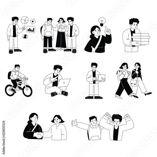 Modern University Students Academic Lifestyle Outline Character Collection