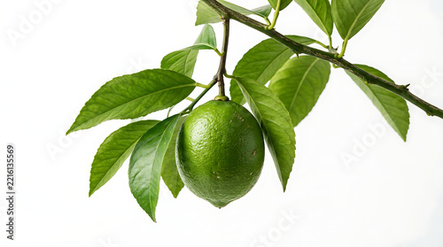 Fresh green lime hanging on citrus tree branch with vibrant leaves, raw unpeeled organic lime fruit on natural stem with lush foliage isolated on white background
