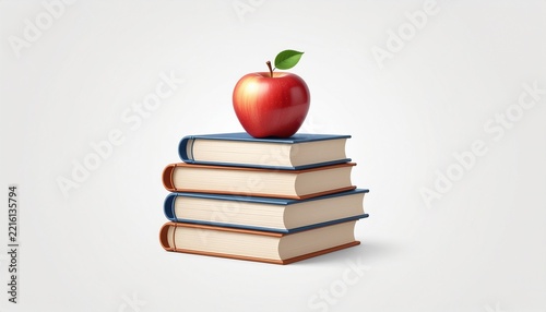 A red apple sitting on a stack of four books on a white background.