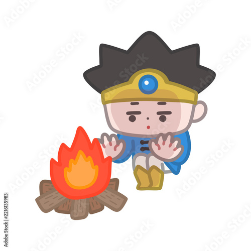 無表情で焚火にあたる勇者