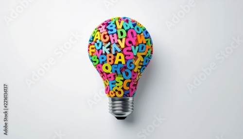 Creative concept of a light bulb made from colorful letters representing knowledge and education.