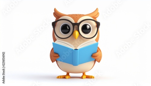 Cute cartoon owl wearing glasses reading a blue book isolated on white background.