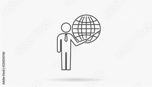 Minimalist line icon of a business person presenting a globe concept.