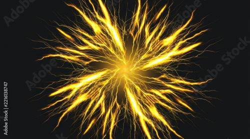 A bright yellow glowing electrical discharge spreading outward in a radial pattern against a dark black background with transmission