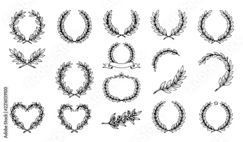 Hand drawn laurel wreath engraving set with olive branches, heart shapes, ribbon banner, star and floral frames for wedding, award and vintage emblem designs