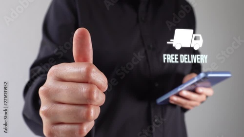 A woman holding a mobile phone while giving a thumbs-up gesture, alongside an animation of a delivery truck with the phrase 