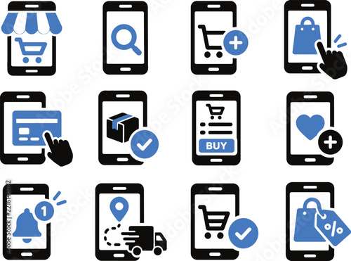 Set of mobile shopping and ecommerce icons for digital retail apps checkout and delivery services