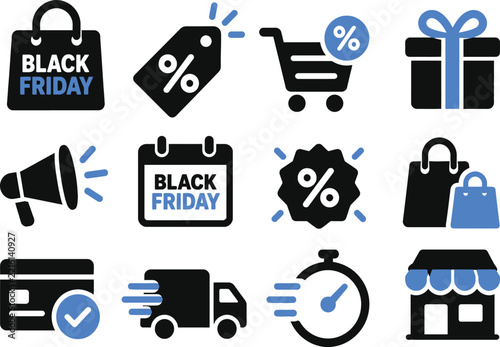 Black Friday shopping and discount vector icons set featuring delivery, payment, gift box, and promotion tags