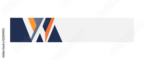Horizontal banner featuring a geometric letter w composed of overlapping dark blue, orange, grey, and white diagonal stripes on a light grey background