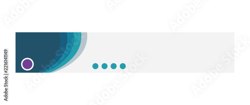 Horizontal banner template with layered blue wave shapes on the left, a purple circle icon, and four small teal dots on a light gray background