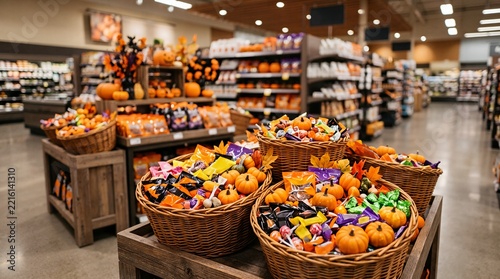 Assorted Halloween candy and festive pumpkin decorations displayed in wicker baskets on a wooden stand in a modern supermarket aisle.