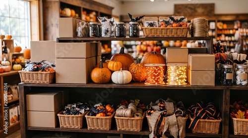 Seasonal Halloween decorations and pumpkins displayed alongside cardboard shipping boxes on wooden shelves for a retail store or e-commerce business.