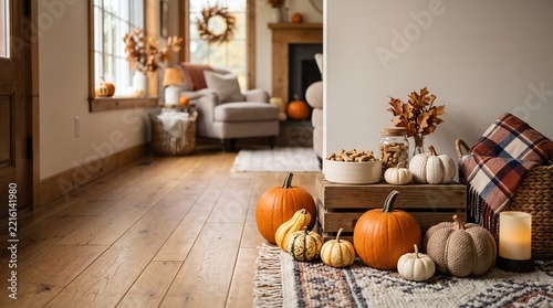Cozy autumn home interior decorated for Halloween with festive pumpkins gourds and pet treats in a warm farmhouse living room.