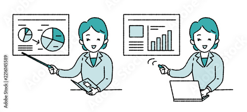 データ分析やプレゼンを行うビジネスパーソン(女性)のイラスト